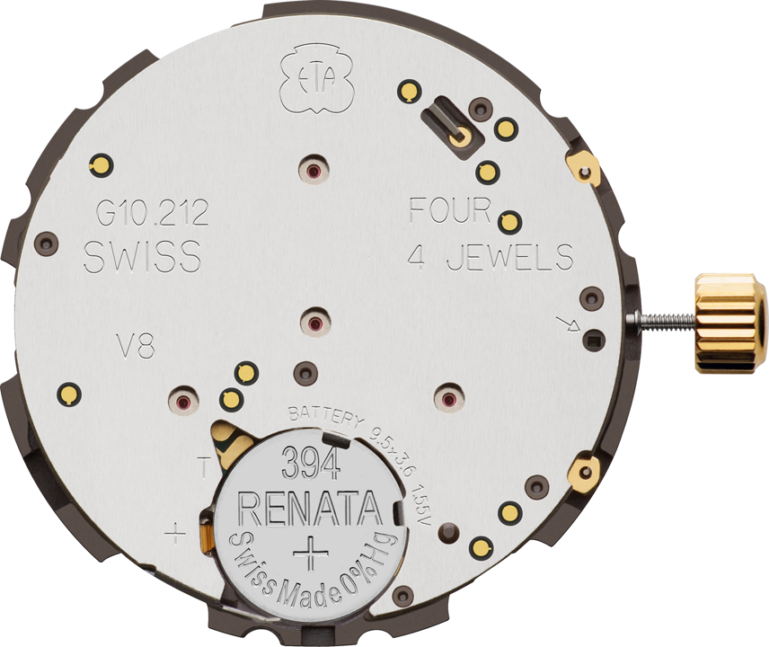 ETA quartz chronograph movement showing its battery and mechanism