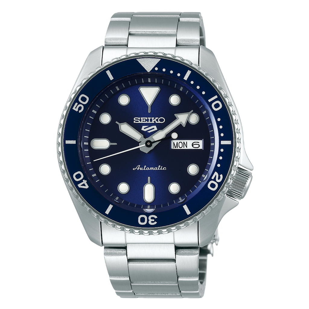 Seiko 5 Sports SRPD51K1 with blue dial, blue bezel and steel bracelet