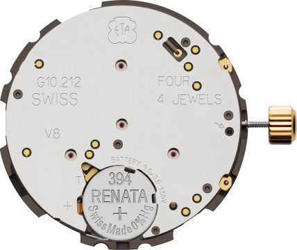 ETA quartz chronograph movement showing its battery and mechanism